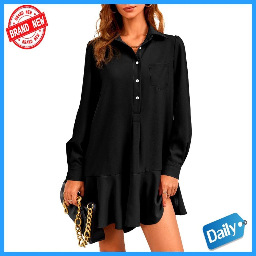 Casual Button Down Shirt Dress Long Sleeve Collared Pleated Swing Mini